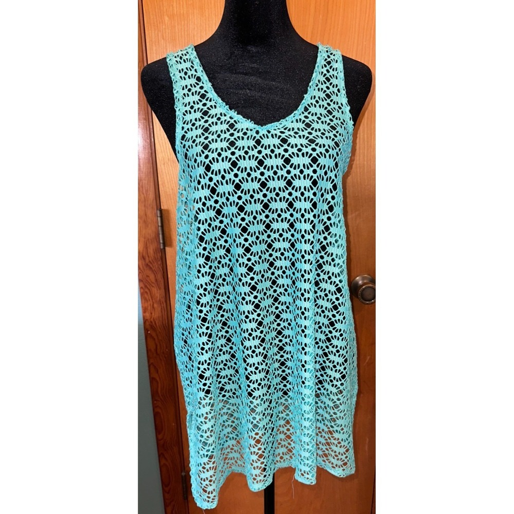 Swimsuit Cover Up Aqua Mini Dress Crochet Knit Sleeveless Small